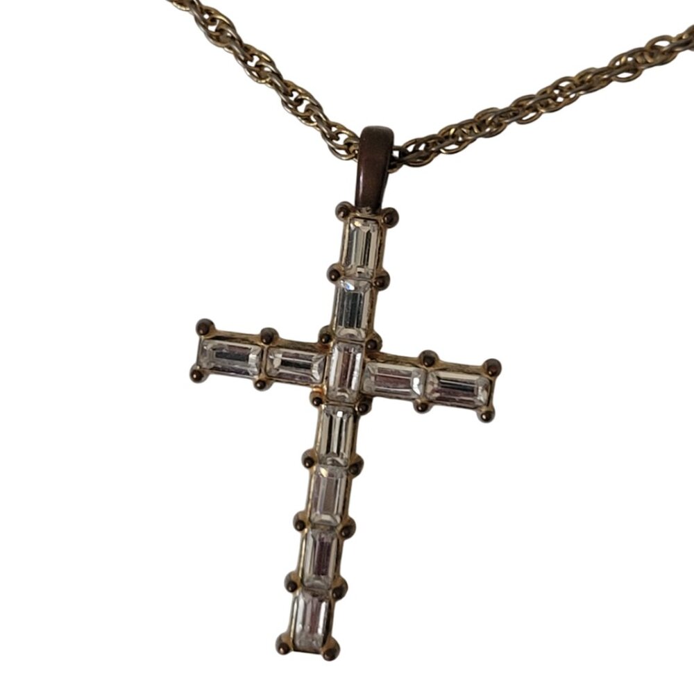 Vintage Cross Pendant Necklace bronze/gold with crystal/quartz gems